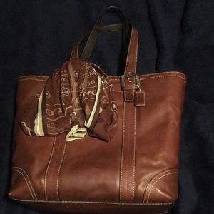 Coach large brown leather tote bag with scarf